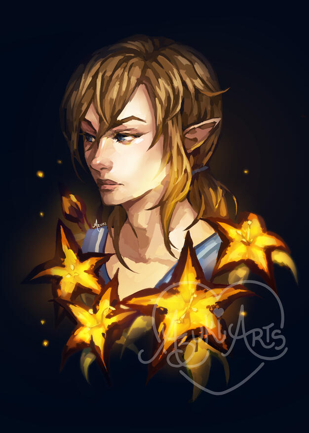 Link | Limited Edition Art Print Link fan art print by Azuki Arts, featuring a dreamy Link bust with sundelion flowers illuminating the scene. Inspired by The Legend of Zelda: Tears of the Kingdom. Vibrant gaming digital illustration available as a physical print and sticker.