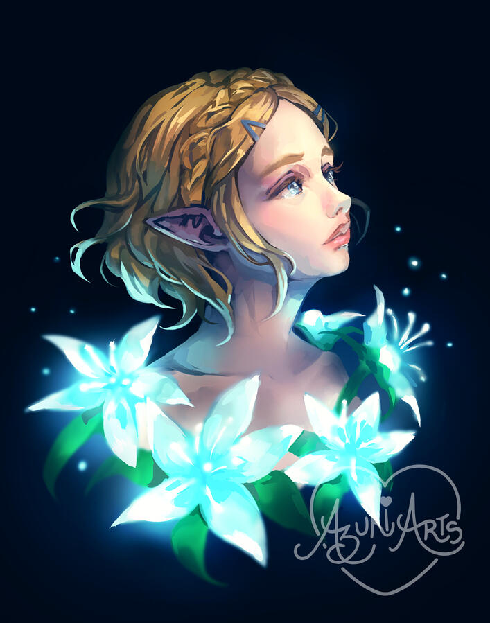 Princess Zelda | Limited Edition Art Print Princess Zelda fan art print by Azuki Arts, featuring a dreamy Zelda bust with silent princess flowers illuminating the scene. Inspired by The Legend of Zelda: Tears of the Kingdom. Vibrant gaming digital illustration available as a physical print and stic