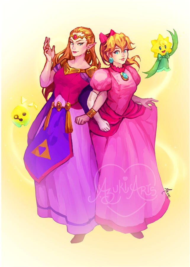 Princess Peach and Princess Zelda | Limited Edition Art Print Princess Peach and Princess Zelda fan art print by Azuki Arts, featuring Peach and Zelda wearing their traditional dresses back-to-back. Vibrant gaming digital illustration available as a physical print and standee.