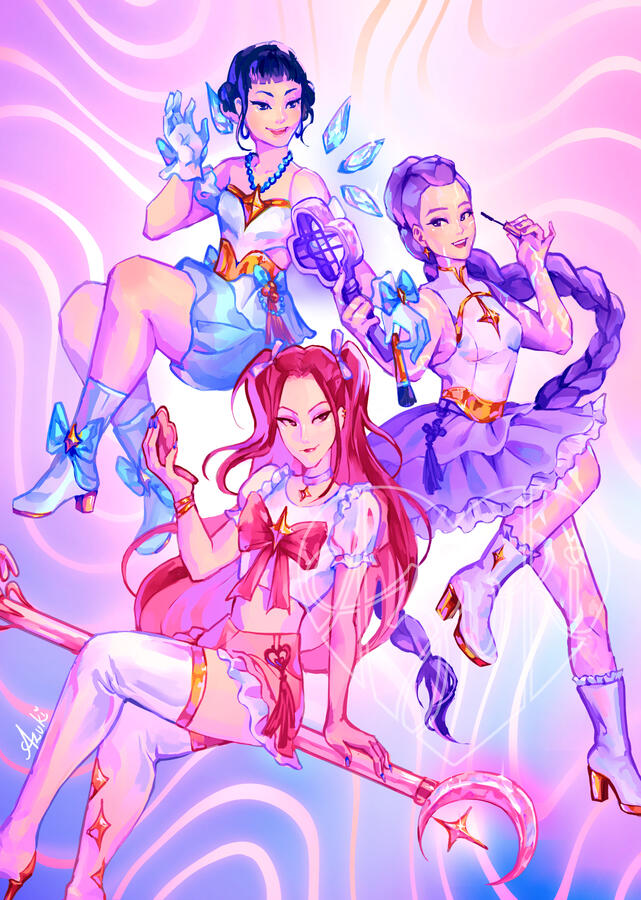 Huntrix: K-Pop Demon Hunter | Sailor Moon Style Crossover Print HUNTR/X (Huntrix) K-pop Demon Hunter digital fan art print in a 90s Fantasy Sailor Moon aesthetic by Azuki Arts. Stylized anime crossover illustration available for purchase.