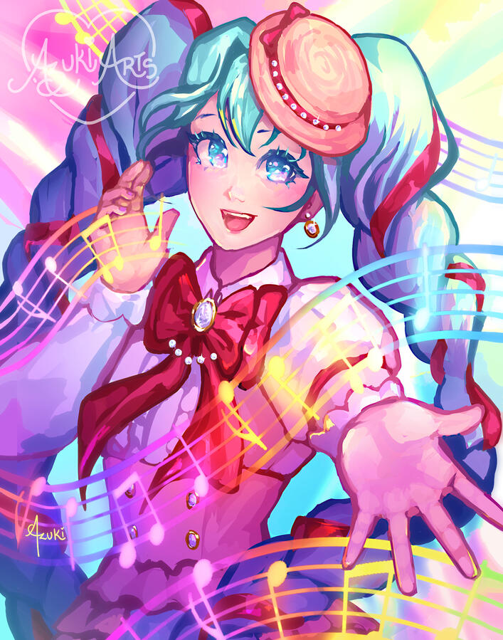 Vibrant Singing Miku | Limited Edition Art Print Singing Miku fan art print by Azuki Arts, featuring Miku sining in a cute vibrant idol dress. Vibrant anime vocaloid digital illustration available as a physical print.