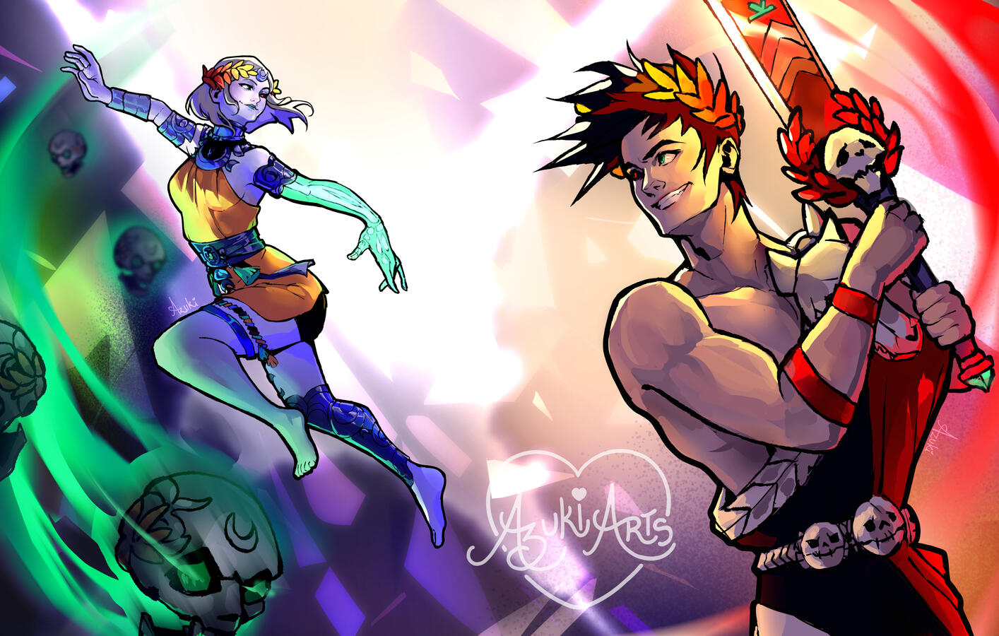 Hades and Melinoe | Limited Edition Art Print Hades and Melinoe fan art print by Azuki Arts featuring two of the Hades protagonists posing against each other. Stylized gaming illustration available as a physical print.