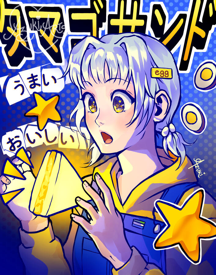 Tamago Sando Original Character | Limited Edition Art Print Original anime character by Azuki Arts featuring a girl's love of a Japanese egg sandwich. Stylized anime illustration available as a physical print.