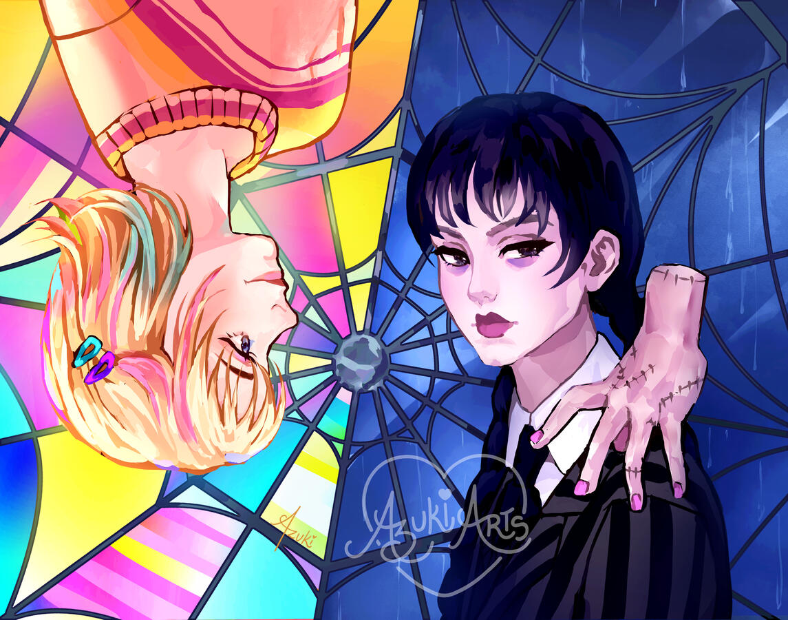 Wednesday and Enid | Limited Edition Art Print Addams Family fan art print by Azuki Arts featuring Enid Sinclair and Wednesday Addams in contrasting themes. Stylized illustration available as a physical print.