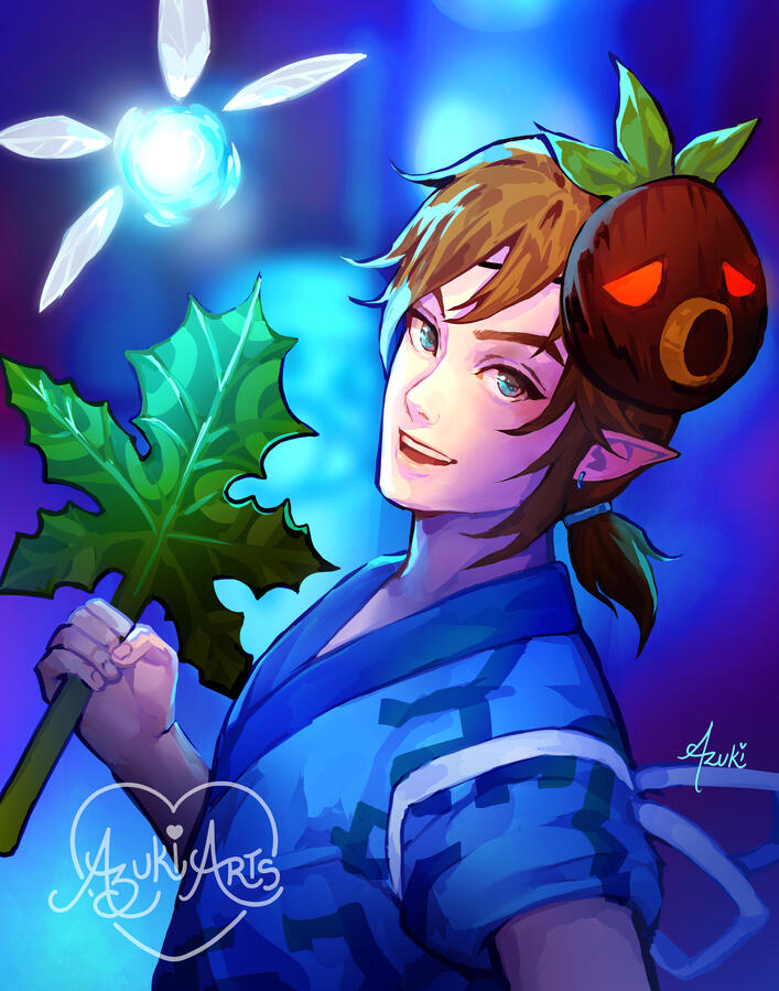 Yukata Link | Limited Edition Art Print Yukata Link fan art print by Azuki Arts, featuring Link wearing a Deku mask holding a Deku leaf and accompanied with Navi. Vibrant gaming digital illustration available as a physical print.