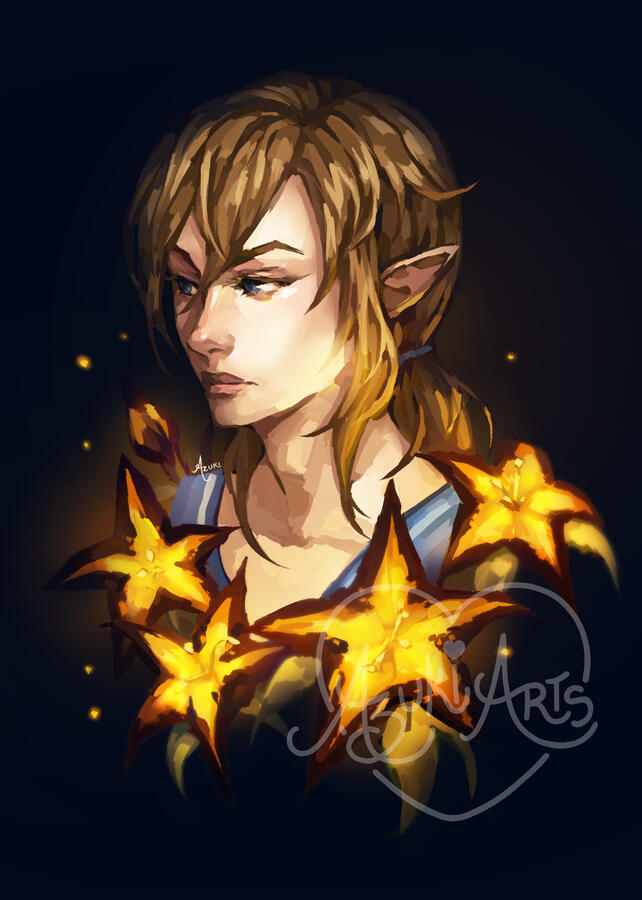 Link | Limited Edition Art Print Link fan art print by Azuki Arts, featuring a dreamy Link bust with sundelion flowers illuminating the scene. Inspired by The Legend of Zelda: Tears of the Kingdom. Vibrant gaming digital illustration available as a physical print and sticker.