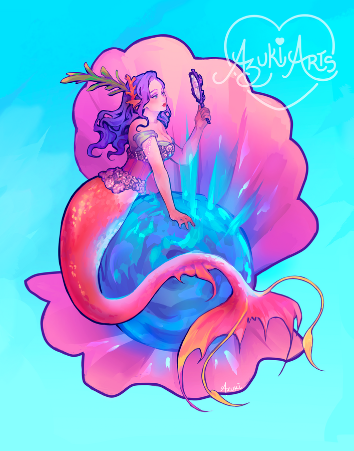 Mermaid Girl | Limited Edition Art Print Mermaid girl art print by Azuki Arts, featuring an original character mermaid on a shellfish. Digital illustration available as a physical print and sticker.