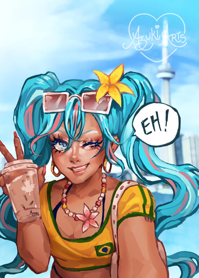 Brazilian Miku in Toronto | Limited Edition Art Print Brazilian Miku fan art print by Azuki Arts, featuring Miku with bubble tea at the CN Tower in Toronto. Vibrant anime vocaloid digital illustration available as a physical print.